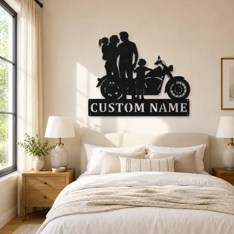 Vue alternative de Décoration murale en métal personnalisée pour famille avec enfant en bas âge et moto classique