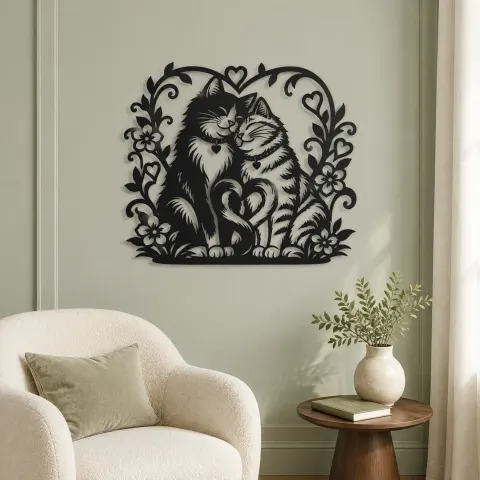 Vue alternative de Two Cats in Love Metal Wall Art | Pet Lover Silhouette Decor
