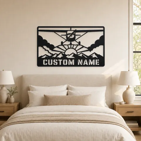 Vue alternative de Décoration murale en métal personnalisée d'avion à hélice avec montagnes