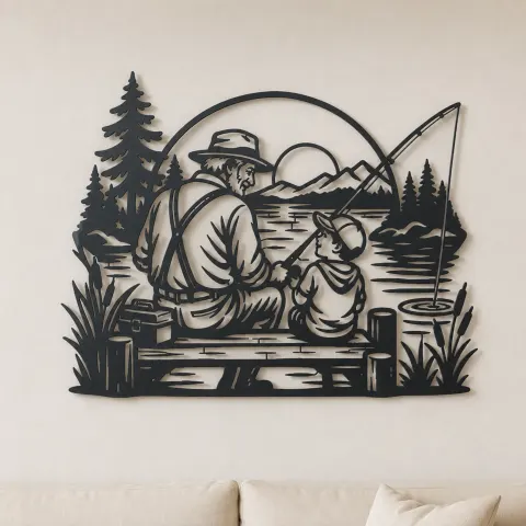 Grandfather Grandson Fishing Metal Wall Art | Family Silhouette Decor