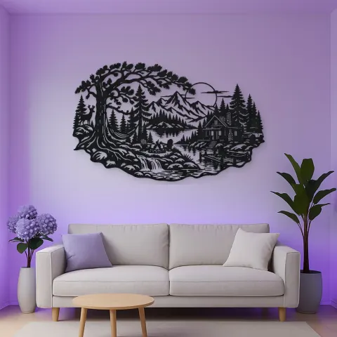Vista alternativa de Forest Cabin Retreat Metal Wall Art | Nature Silhouette Decor