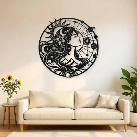 Celestial Woman Profile Metal Wall Art | Minimalist Woman Line Art