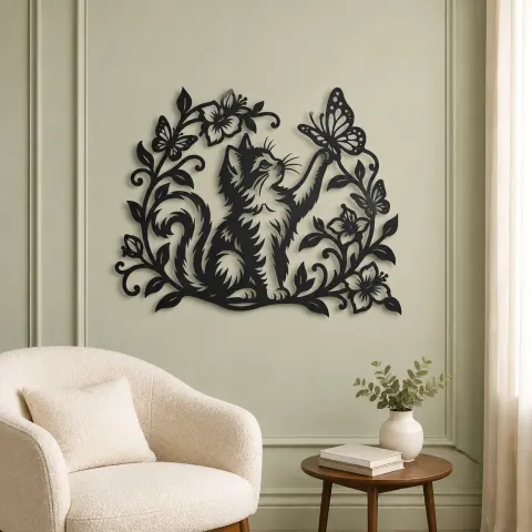 Vue alternative de Cat and Butterfly Vine Metal Wall Art | Pet Lover Silhouette Decor