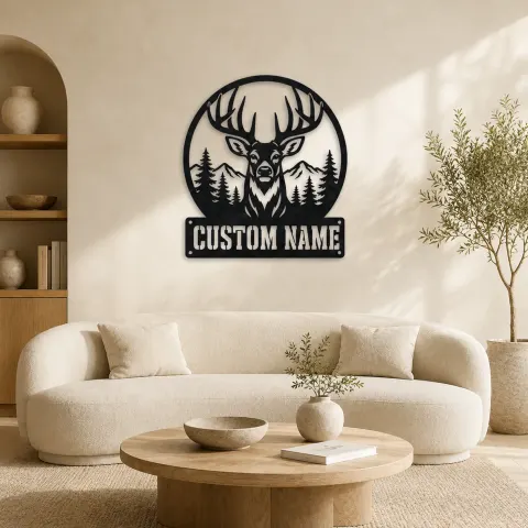 Décoration murale en métal personnalisée de cerf avec paysage forestier