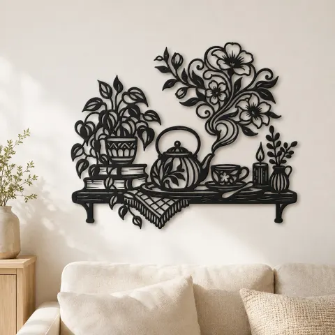 Teapot Floral Steam Metal Wall Art | Botanical Metal Wall Decor