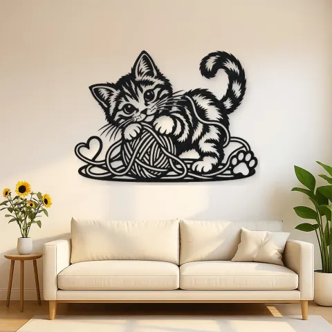 Playful Kitten Yarn Metal Wall Art | Pet Lover Silhouette Decor