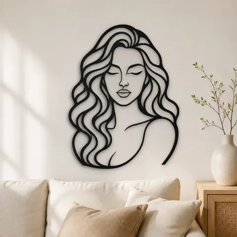 Wavy Hair Beauty Metal Wall Art | Minimalist Woman Line Art