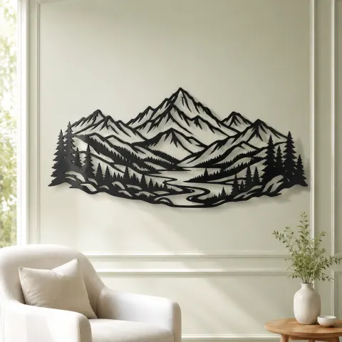 Vue alternative de Layered Mountain Valley Metal Wall Art | Nature Silhouette Decor