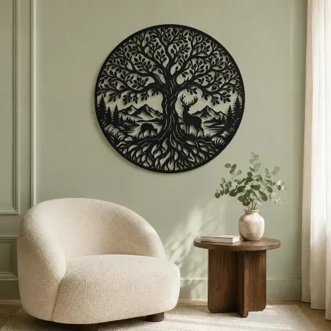 Vue alternative de Tree with Deer Metal Wall Art | Wildlife Silhouette Decor