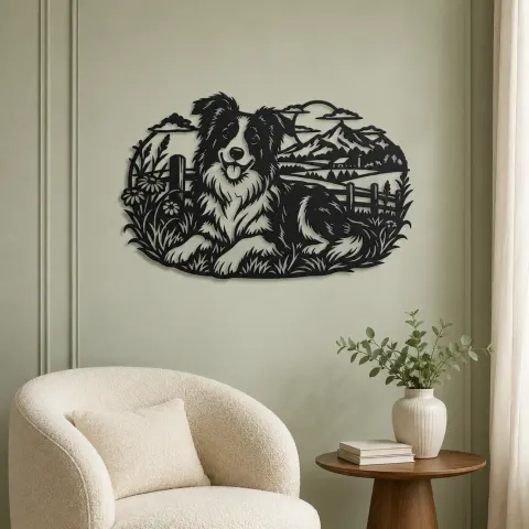 Vue alternative de Border Collie Field Metal Wall Art | Pet Lover Silhouette Decor