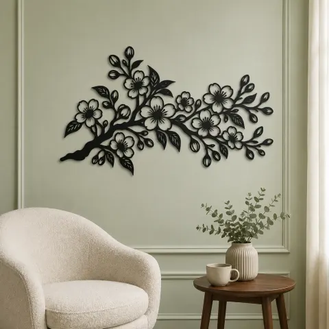 Vue alternative de Cherry Blossom Branch Metal Wall Art | Botanical Metal Wall Decor