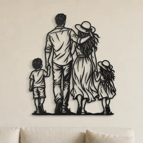 Family of Four Walk Metal Wall Art | Family Silhouette Decor