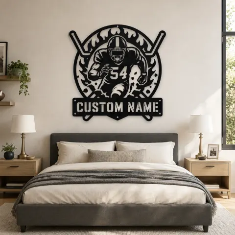 Vue alternative de Décoration murale en métal personnalisée avec joueur de football numéro 54 et flammes