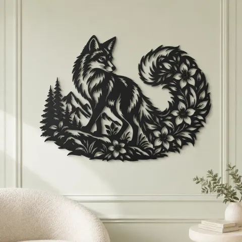 Vue alternative de Fox Floral Tail Metal Wall Art | Wildlife Silhouette Decor