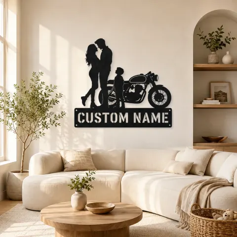 Décoration murale en métal personnalisée pour famille de trois avec moto café racer