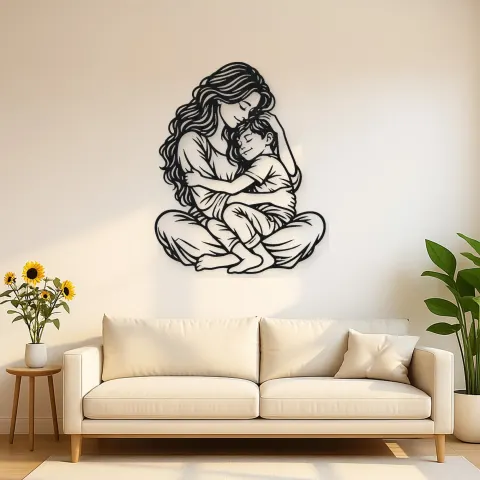Mother Son Cuddle Metal Wall Art | Family Silhouette Decor