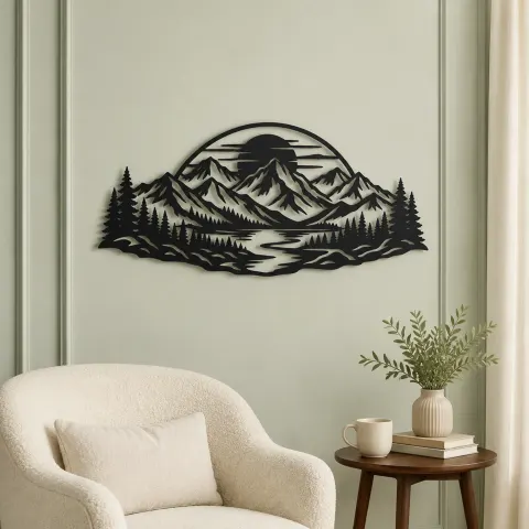 Vue alternative de Mountain Sunset Arc Metal Wall Art | Nature Silhouette Decor