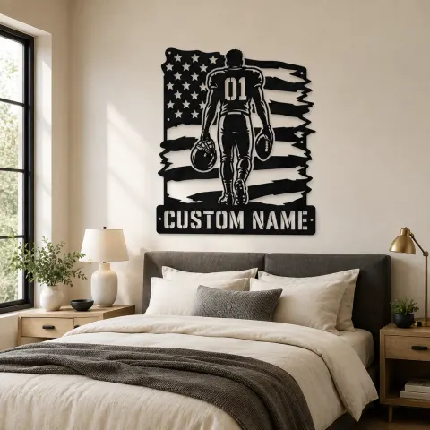 Vue alternative de Décoration murale en métal personnalisée avec joueur de football numéro 01 et le drapeau