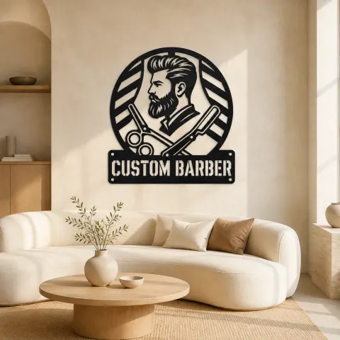 Décoration murale en métal personnalisée de barbier avec ciseaux et rasoir