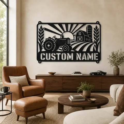 Décoration murale en métal personnalisée tracteur vintage avec scène de ferme
