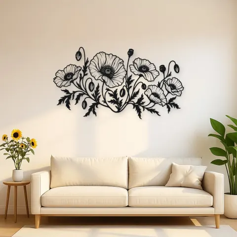 Poppy Field Line Metal Wall Art | Botanical Metal Wall Decor