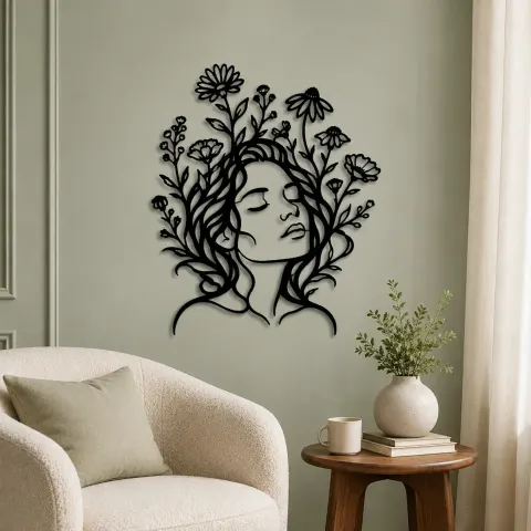 Vue alternative de Wildflower Face Metal Wall Art | Minimalist Woman Line Art