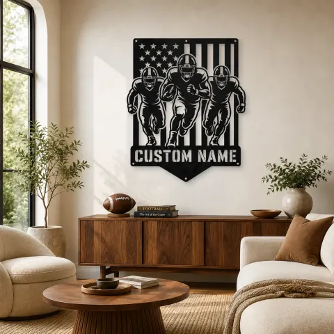 Décoration murale en métal personnalisée avec trois joueurs de football et le drapeau