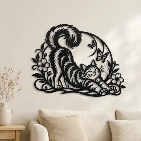 Cat Stretch Flow Metal Wall Art | Pet Lover Silhouette Decor