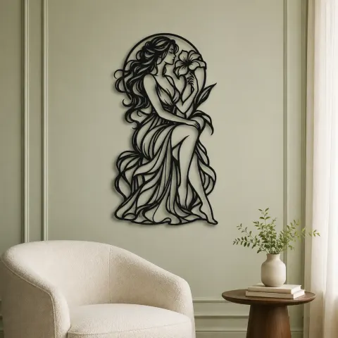 Vue alternative de Muse with Flower Metal Wall Art | Minimalist Woman Line Art