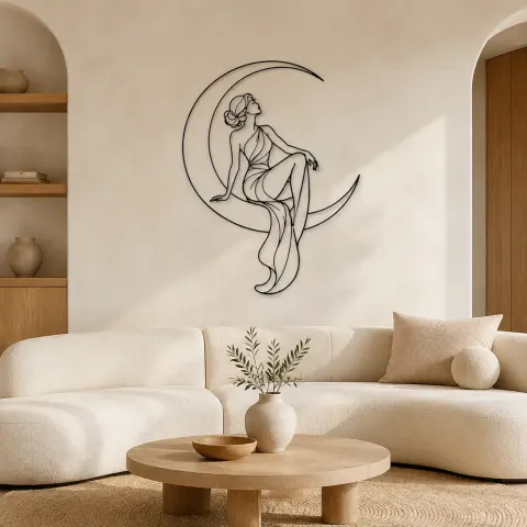 Décoration murale en métal Femme Lune Croissante | Décor mural Femme Céleste
