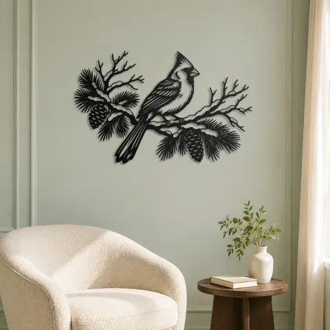 Vue alternative de Cardinal Winter Branch Metal Wall Art | Wildlife Silhouette Decor