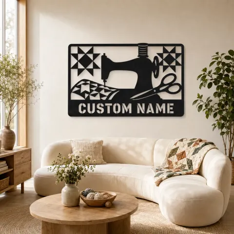 Décoration murale en métal personnalisée de machine à coudre avec détails de quilt