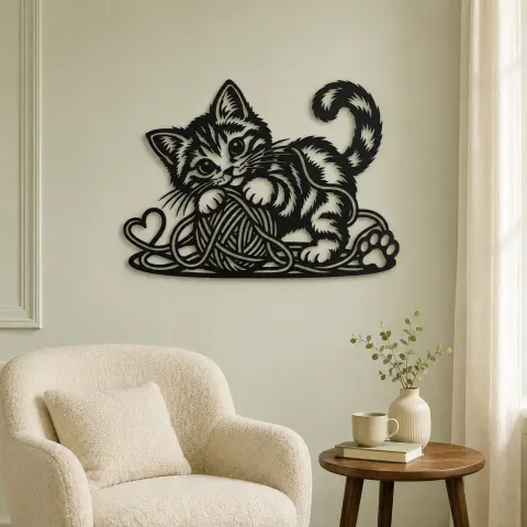 Vue alternative de Playful Kitten Yarn Metal Wall Art | Pet Lover Silhouette Decor