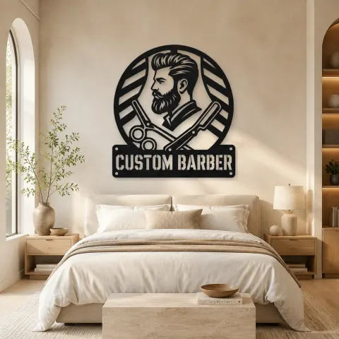 Vue alternative de Décoration murale en métal personnalisée de barbier avec ciseaux et rasoir