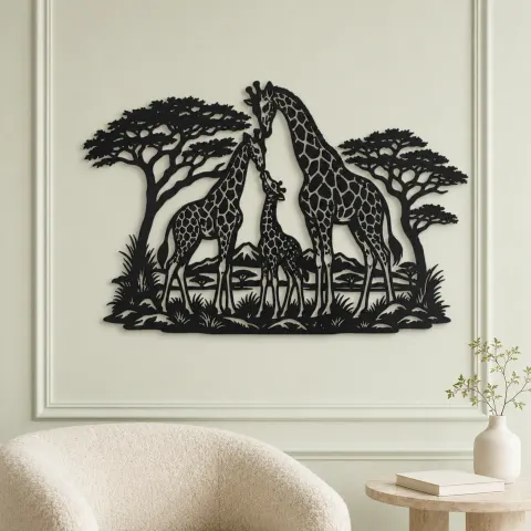 Vue alternative de Giraffe Family Metal Wall Art | Wildlife Silhouette Decor