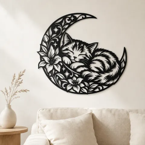Sleeping Cat Crescent Metal Wall Art | Pet Lover Silhouette Decor