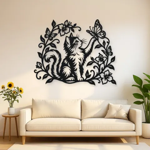 Cat and Butterfly Vine Metal Wall Art | Pet Lover Silhouette Decor