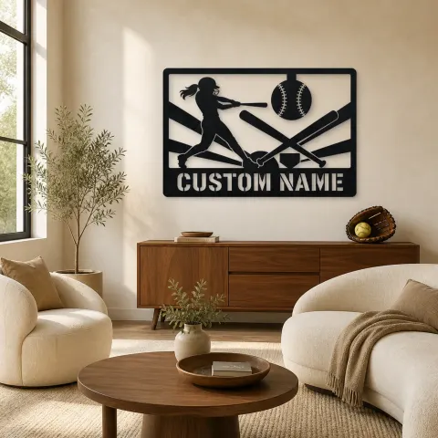 Décoration murale en métal personnalisée de joueur de softball avec battes croisées