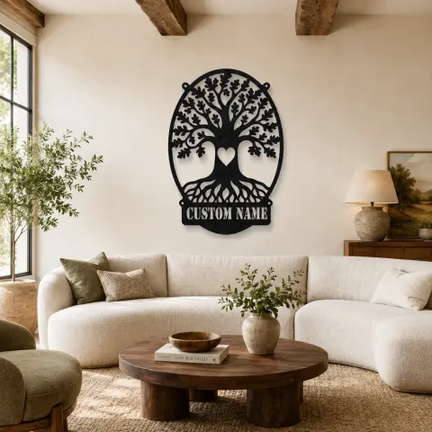 Décoration murale en métal personnalisée d'arbre chêne avec cœur