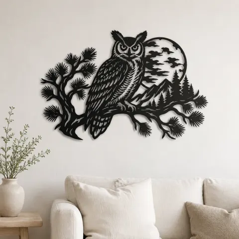 Owl Moon Branch Metal Wall Art | Wildlife Silhouette Decor