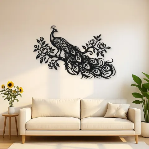 Peacock Feather Flow Metal Wall Art | Wildlife Silhouette Decor
