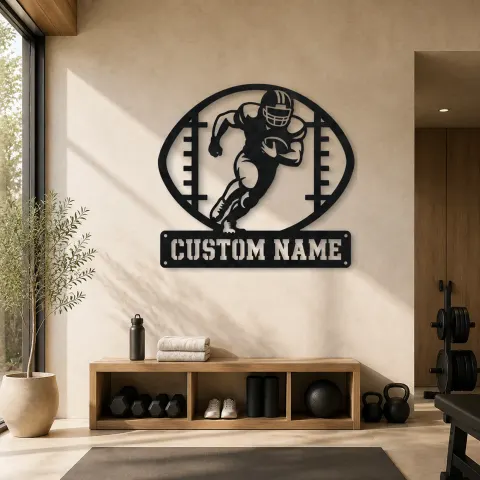 Décoration murale en métal personnalisée de joueur de football avec cadre de ballon