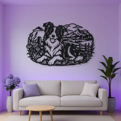 Vue alternative de Border Collie Field Metal Wall Art | Pet Lover Silhouette Decor