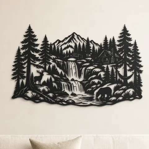 Forest Waterfall Metal Wall Art | Nature Silhouette Decor