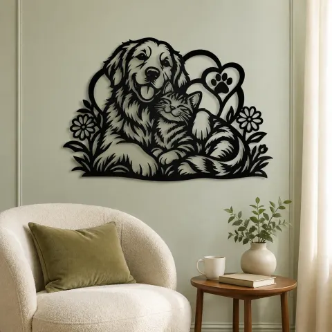 Vue alternative de Dog and Cat Friends Metal Wall Art | Pet Lover Silhouette Decor