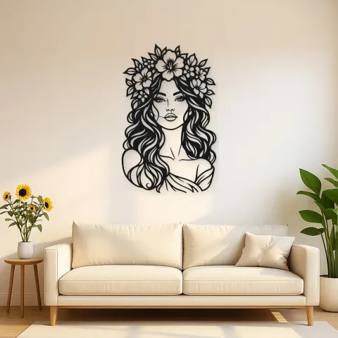 Floral Crown Muse Metal Wall Art | Minimalist Woman Line Art