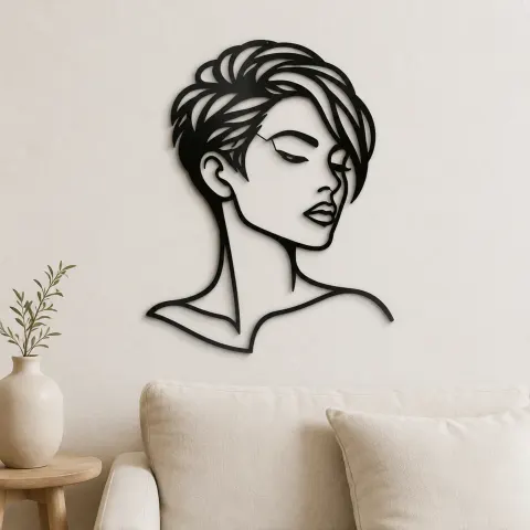 Short Hair Modern Face Metal Wall Art | Minimalist Woman Line Art