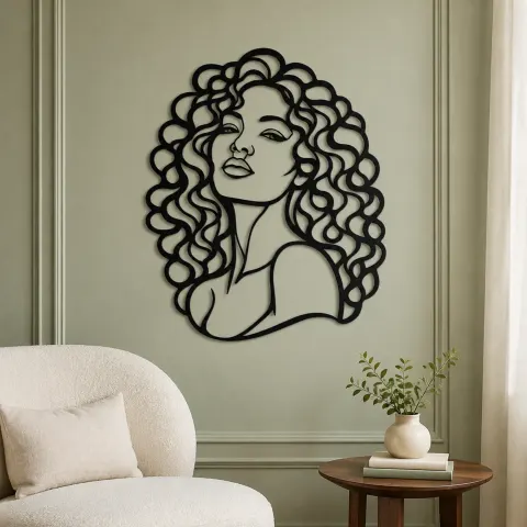 Vue alternative de Curly Hair Portrait Metal Wall Art | Minimalist Woman Line Art