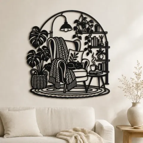 Reading Chair Corner Metal Wall Art | Cozy Home Metal Decor