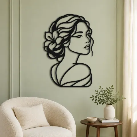 Vue alternative de Calm Side Glance Metal Wall Art | Minimalist Woman Line Art